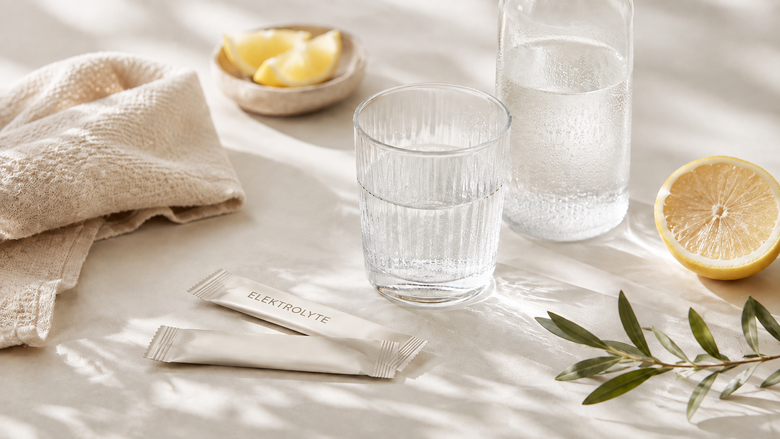 Elektrolyt-Sticks neben Glas und Flasche mit Wasser sowie frischer Zitrone