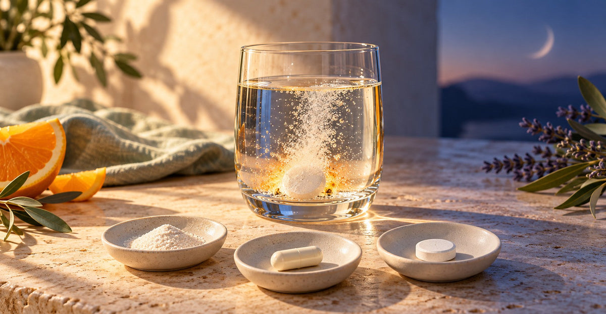 Magnesiumformen für morgens und abends: Eine Brausetablette löst sich in einem Glas Wasser