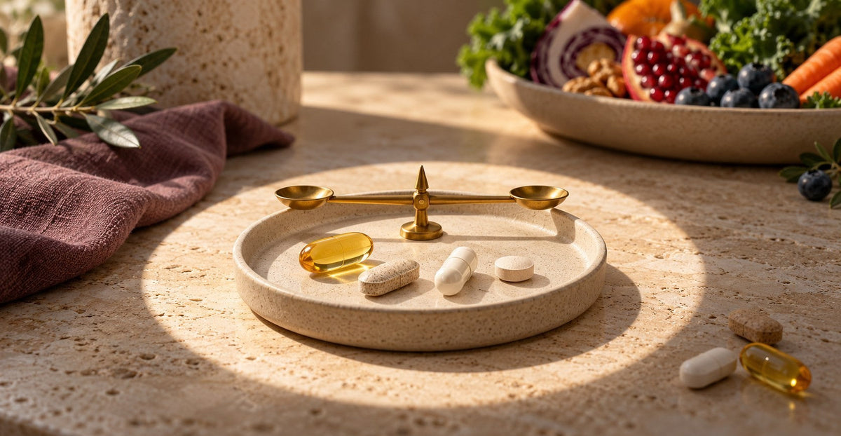 Eine abgemessene Portion Vitamine und Mineralstoffe im Lichtkreis, zusätzliche Kapseln außerhalb