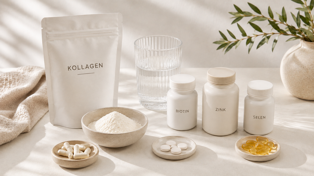 Kollagenpulver im Beutel und in einer Schale neben Dosen mit der Aufschrift Biotin, Zink und Selen, davor Kapseln, Tabletten und Softgels