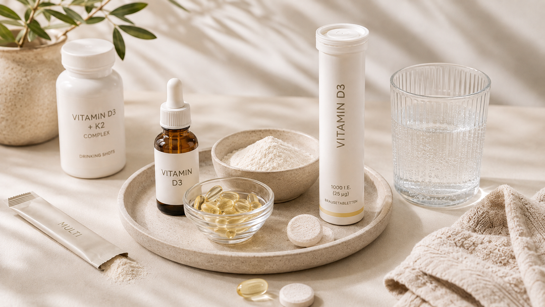 Vitamin-D3-Präparate in verschiedenen Darreichungsformen – Tropfen, Softgel-Kapseln, Brausetabletten und eine Dose D3 plus K2 – neben einem Glas Wasser