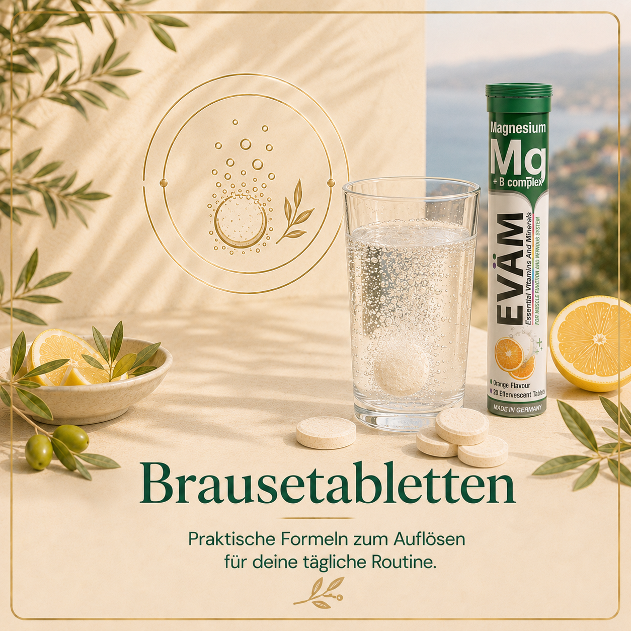 Kategorie Brausetabletten mit Glas Wasser, sprudelnder Tablette, Magnesium-Tube, Zitrusfrüchten und warmem Premium-Wellness-Design