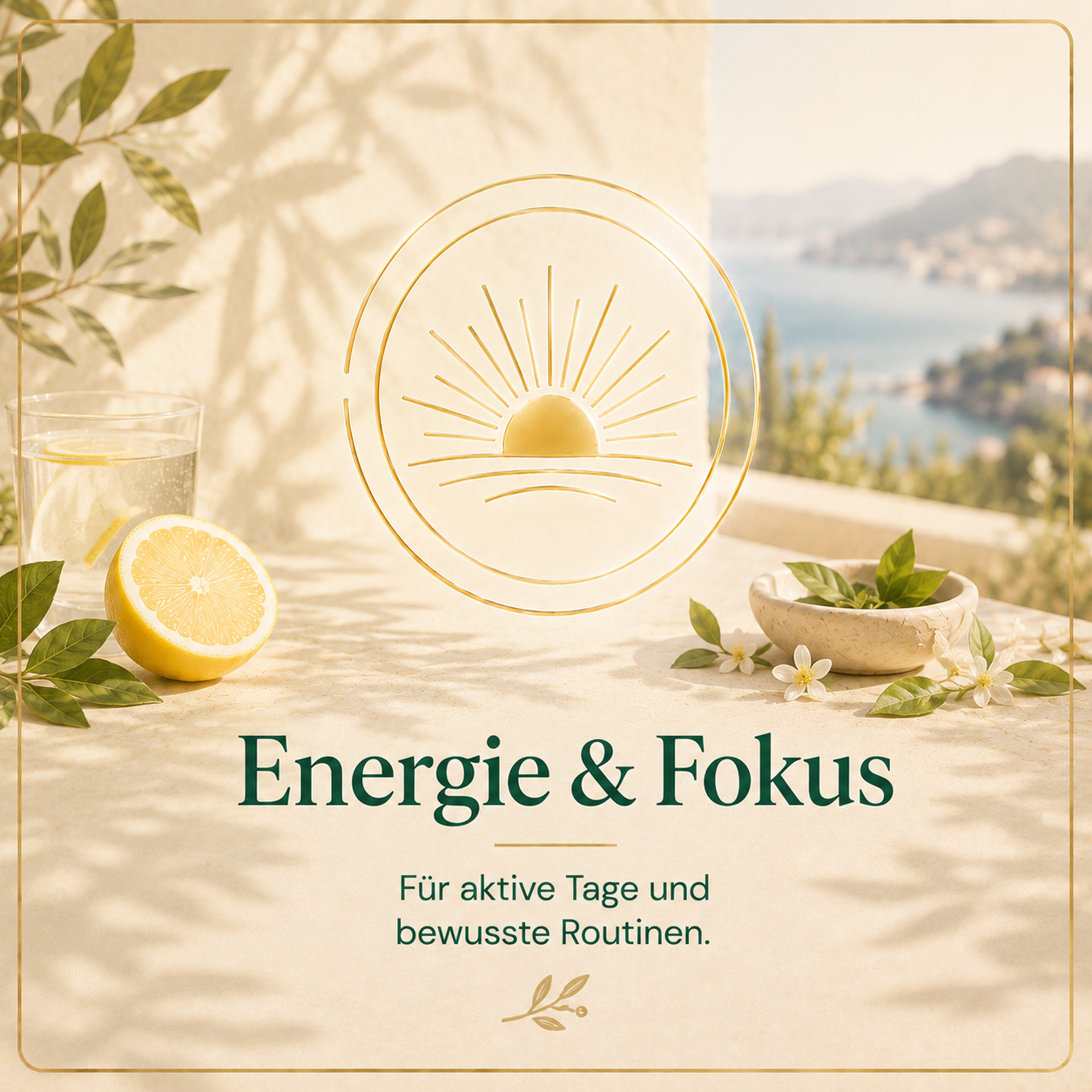 Kategorie Energie & Fokus mit goldener Sonnen-Ikone, Zitrone, Wasserglas und hellem Morgenlicht