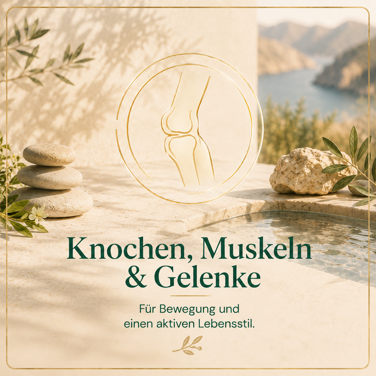 Kategorie Knochen, Muskeln & Gelenke mit goldener Gelenk-Ikone, Steinen, Wasser und natürlicher Bewegungsszene