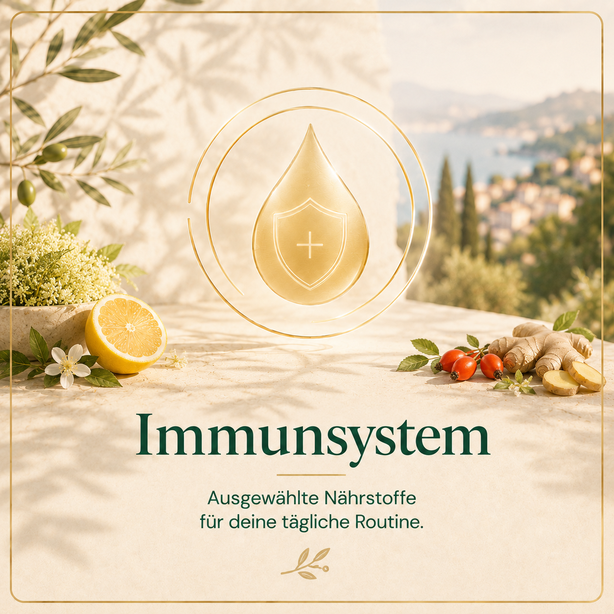 Kategorie Immunsystem mit goldener Tropfen-Schild-Ikone, Zitrus, Ingwer und Olivenzweigen im warmen Licht