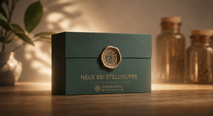 Dunkelgrüne Produktschachtel mit goldenem Emblem auf einer Holzfläche, dahinter weitere Flaschen im Halbdunkel.
