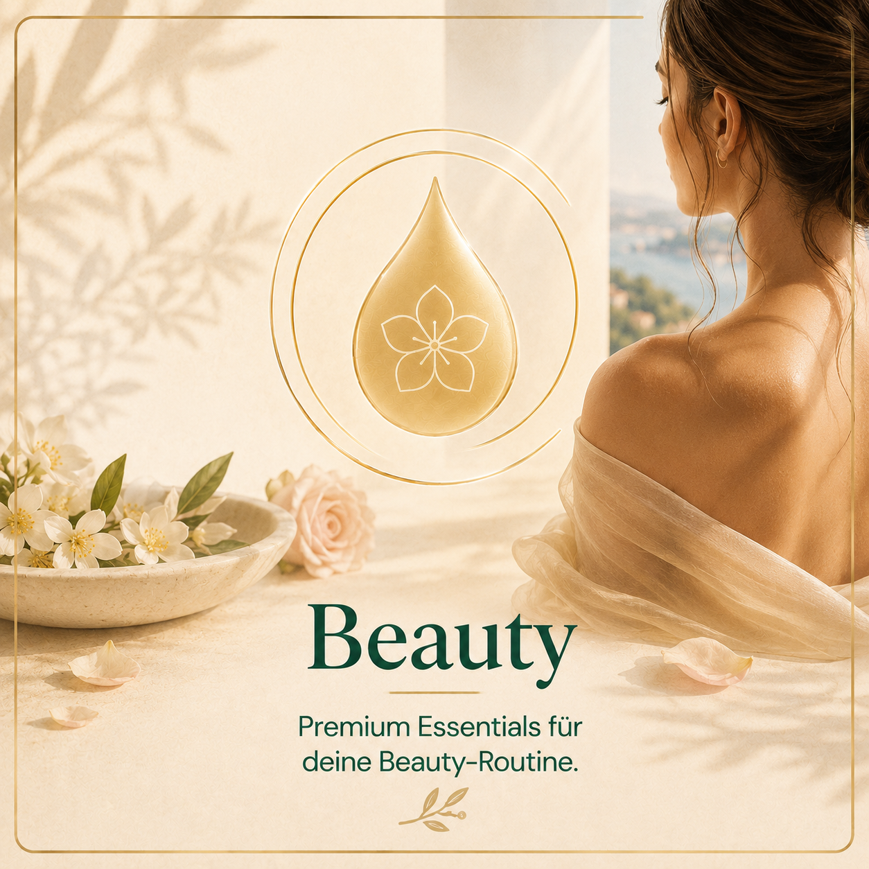 Kategorie Beauty mit goldener Blüten-Tropfen-Ikone, Blumen, Seidentuch und warmer Beauty-Ästhetik