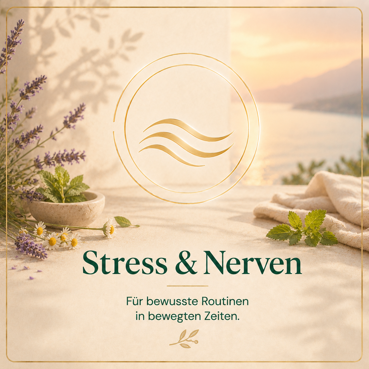 Kategorie Stress & Nerven mit goldener Wellen-Ikone, Lavendel, Kamille und ruhiger Abendstimmung