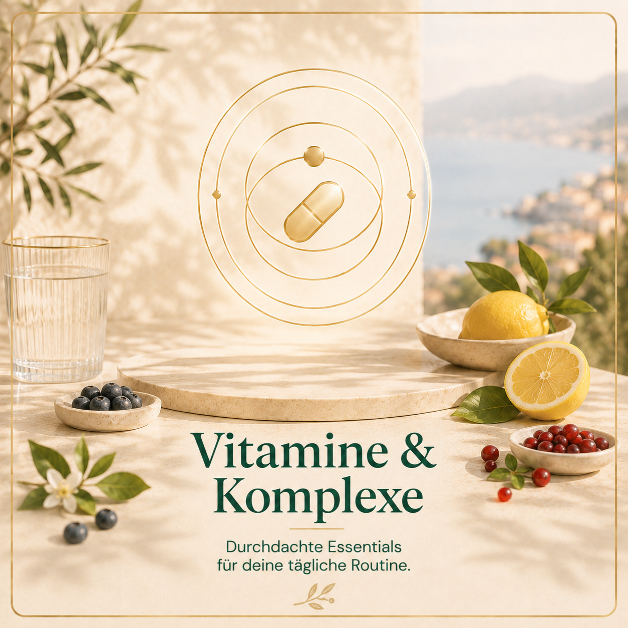 Kategorie Vitamine & Komplexe mit goldener Kapsel-Ikone, Zitrusfrüchten, Beeren und klarem Wellness-Design