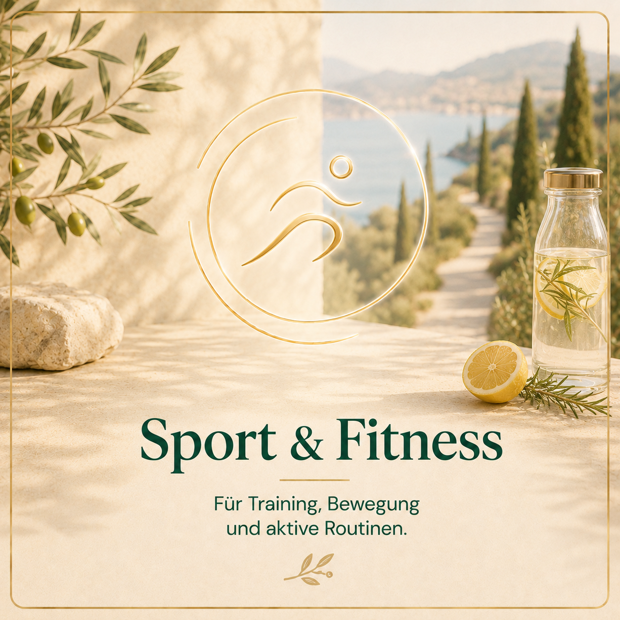 Kategorie Sport & Fitness mit goldener Bewegungs-Ikone, Wasserflasche, Zitrone und mediterraner Outdoor-Szene