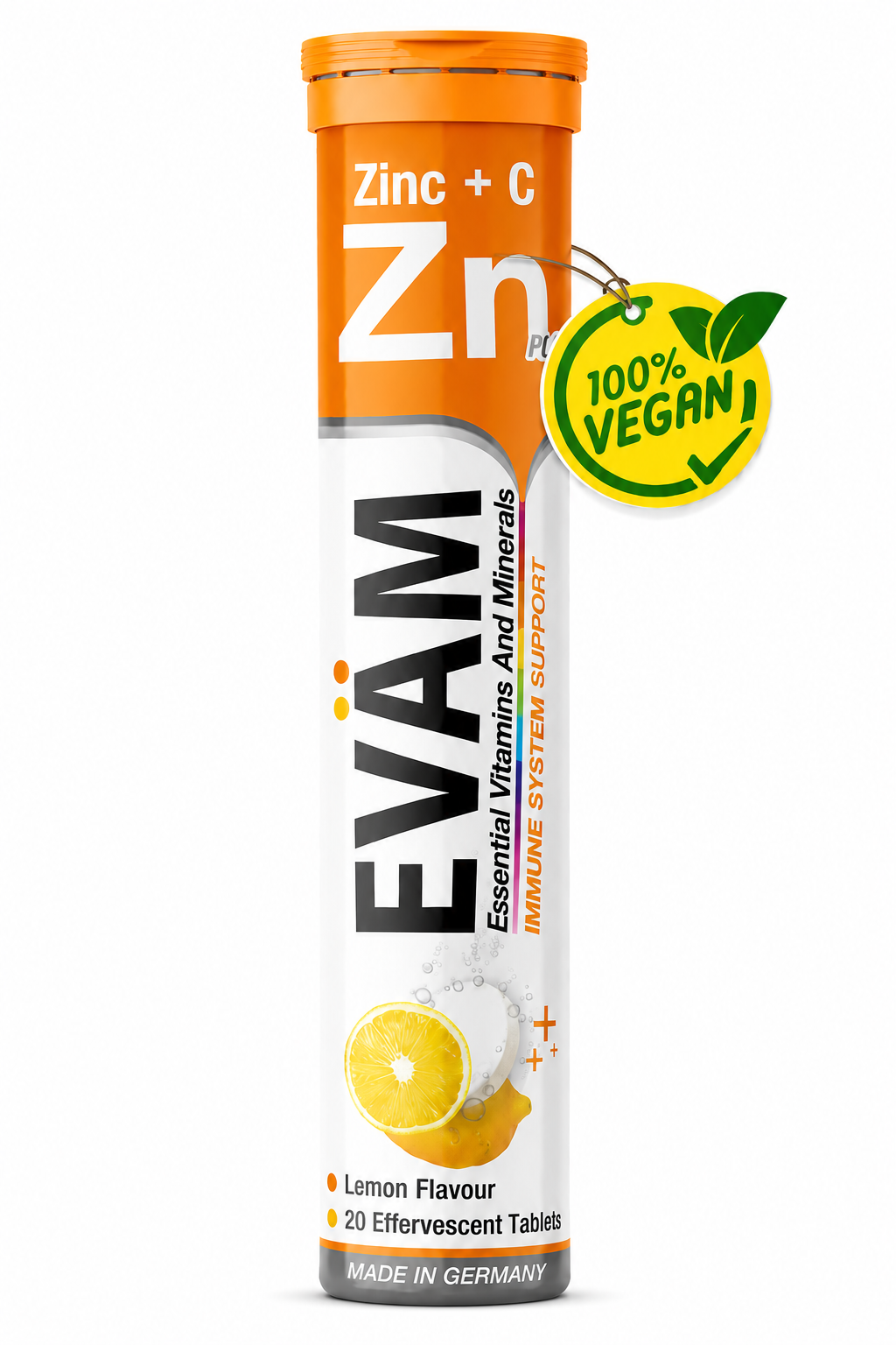 EVÄM Zink + Vitamin C effervescent tablets in lemon flavour, single tube with 20 tablets, vegan label and Made in Germany packaging.