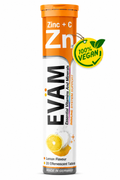 EVÄM Zink + Vitamin C effervescent tablets in lemon flavour, single tube with 20 tablets, vegan label and Made in Germany packaging.