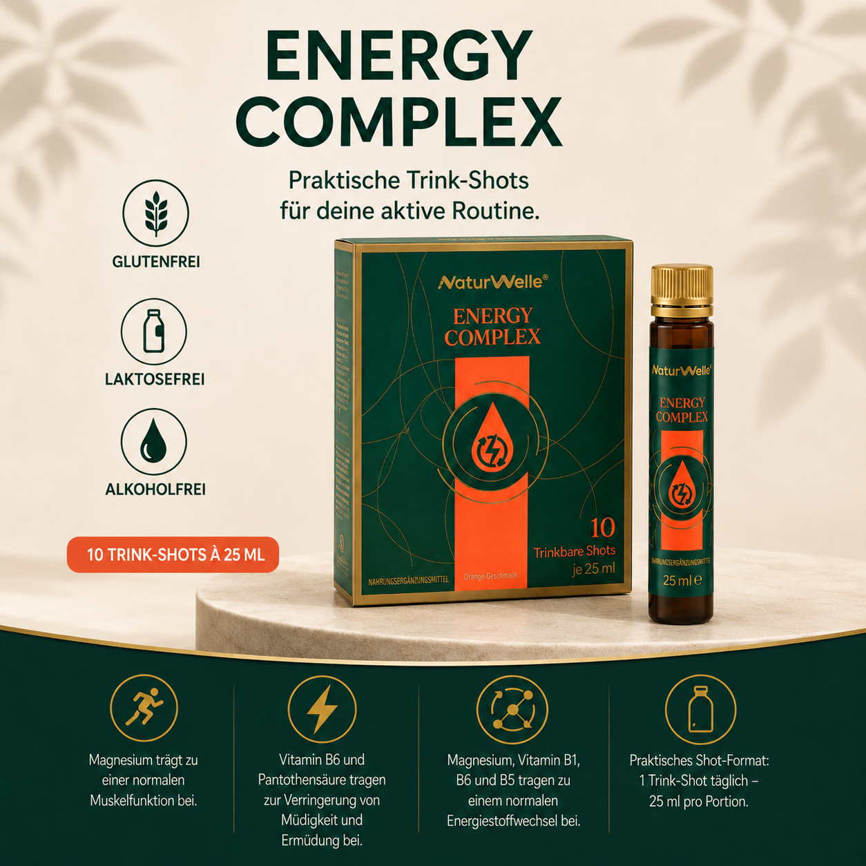 NaturWelle Energy Complex für den deutschen Markt – Nahrungsergänzungsmittel als praktische Trink-Shots mit Magnesium, B-Vitaminen und Koffein, 10 x 25 ml, für Energie, Workout, Muskelfunktion und tägliche aktive Routine.