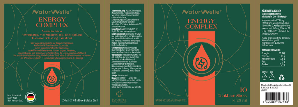 NaturWelle Energy Complex Made in Germany – Nahrungsergänzungsmittel mit Magnesium, Vitamin B1, B5, B6 und Koffein als 10 Trinkshots à 25 ml für Energie, Training und Muskelfunktion.
