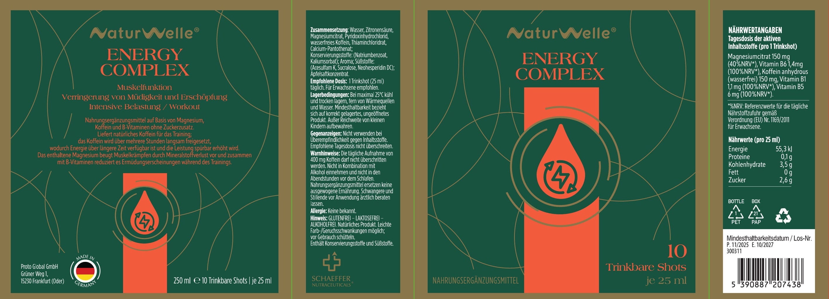 NaturWelle Energy Complex Made in Germany – Nahrungsergänzungsmittel mit Magnesium, Vitamin B1, B5, B6 und Koffein als 10 Trinkshots à 25 ml für Energie, Training und Muskelfunktion.