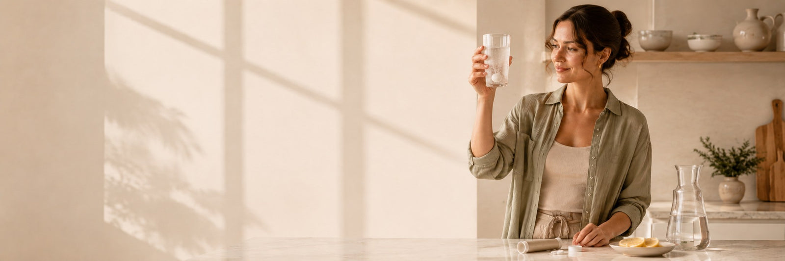 Frau in einer hellen Küche hält ein Glas mit einer sich auflösenden Brausetablette ins Licht.