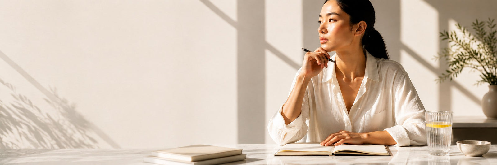 Frau mit Notizbuch und Stift an einem hellen Schreibtisch im Morgenlicht.