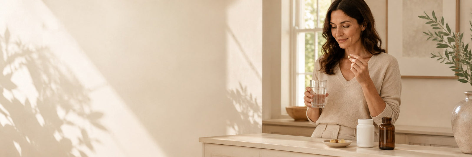 Frau am Fenster mit einem Glas Wasser, auf der Ablage stehen zwei Vorratsdosen.