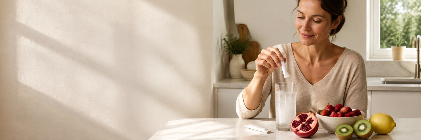 Frau rührt einen Pulverstick in ein Glas Wasser ein, daneben ein aufgeschnittener Granatapfel, Erdbeeren, Kiwi und eine Zitrone.