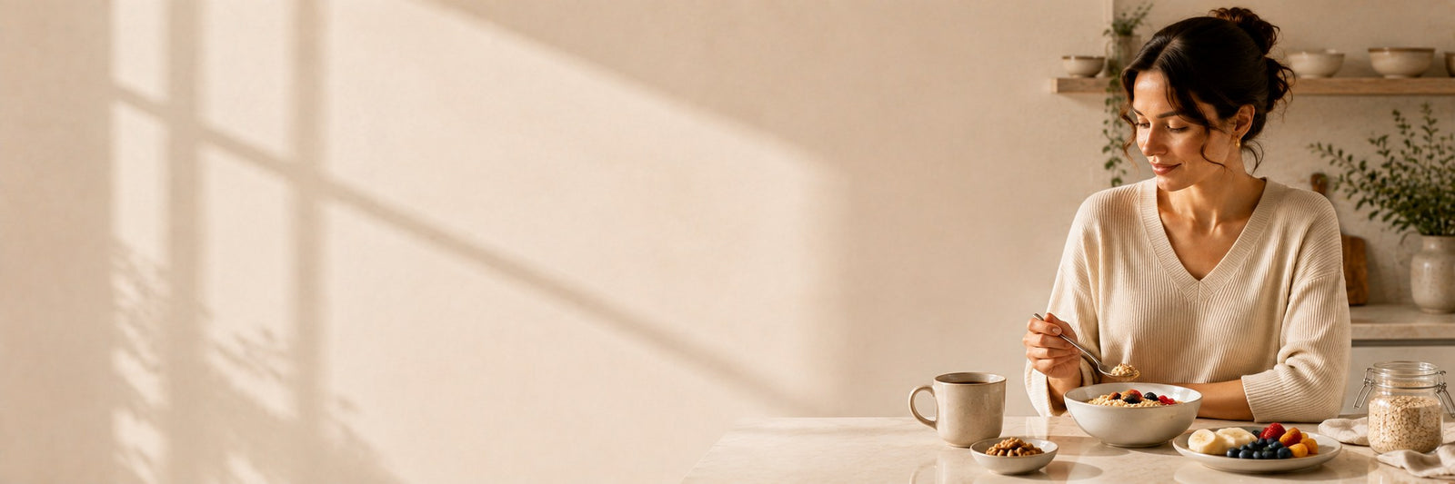 Frau löffelt Müsli mit Beeren, daneben eine Tasse Kaffee, ein Glas mit Haferflocken und eine Schale Nüsse.