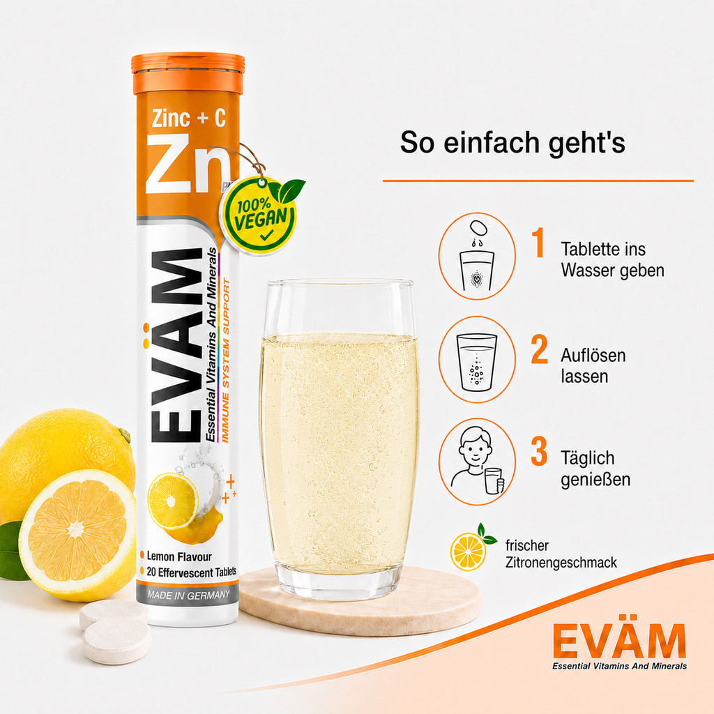 EVÄM Zink + C Brausetabletten mit Zitronengeschmack, vegan, einfache Anwendung in Wasser auflösen und täglich genießen, Made in Germany