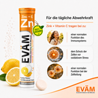 EVÄM Zink + C vegane Brausetabletten mit Vitamin C und Zink zur Unterstützung des Immunsystems, Zellschutz vor oxidativem Stress und normaler Zellteilung