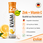 EVÄM Zink + C Brausetabletten mit 3,33 mg Zink und 400 mg Vitamin C pro Tablette, 20 vegane Brausetabletten mit Zitronengeschmack, hergestellt in Deutschland