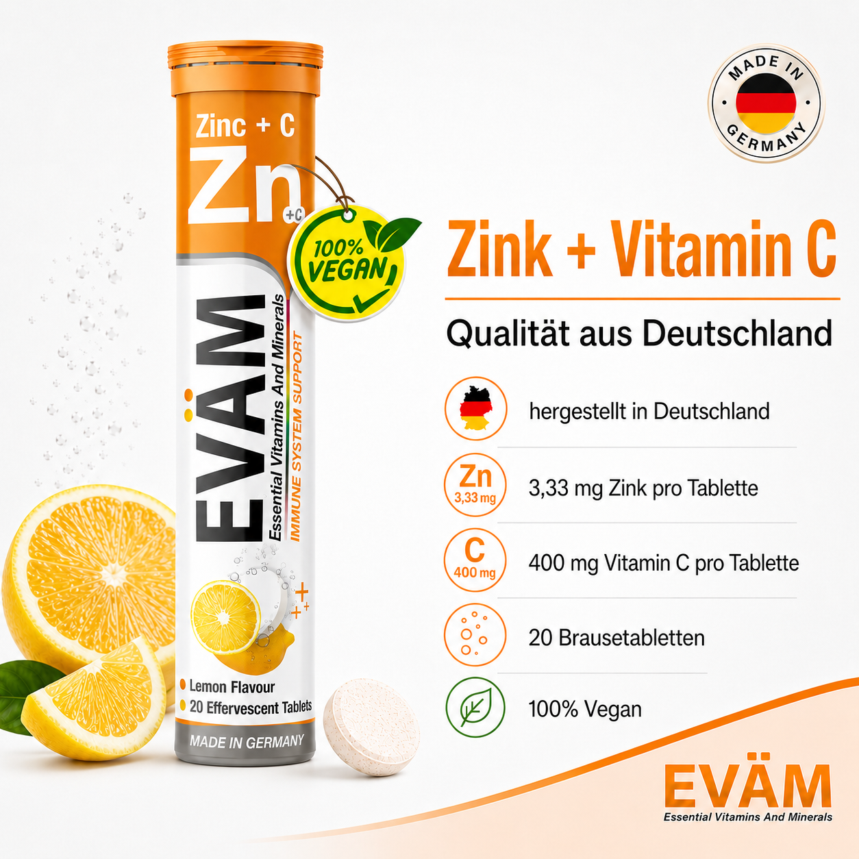 EVÄM Zink + C Brausetabletten mit 3,33 mg Zink und 400 mg Vitamin C pro Tablette, 20 vegane Brausetabletten mit Zitronengeschmack, hergestellt in Deutschland