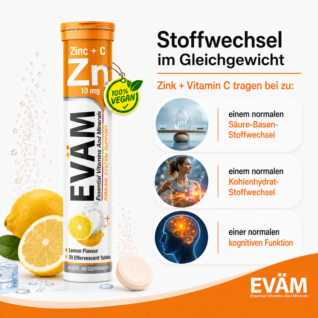 EVÄM Zink + C vegane Brausetabletten mit Zink und Vitamin C für normalen Säure-Basen-Stoffwechsel, Kohlenhydrat-Stoffwechsel und kognitive Funktion