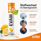 EVÄM Zink + C vegane Brausetabletten mit Zink und Vitamin C für normalen Säure-Basen-Stoffwechsel, Kohlenhydrat-Stoffwechsel und kognitive Funktion