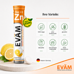 EVÄM Zink + C Brausetabletten mit Zitronengeschmack, vegan, glutenfrei, laktosefrei, ohne Zuckerzusatz und Made in Germany