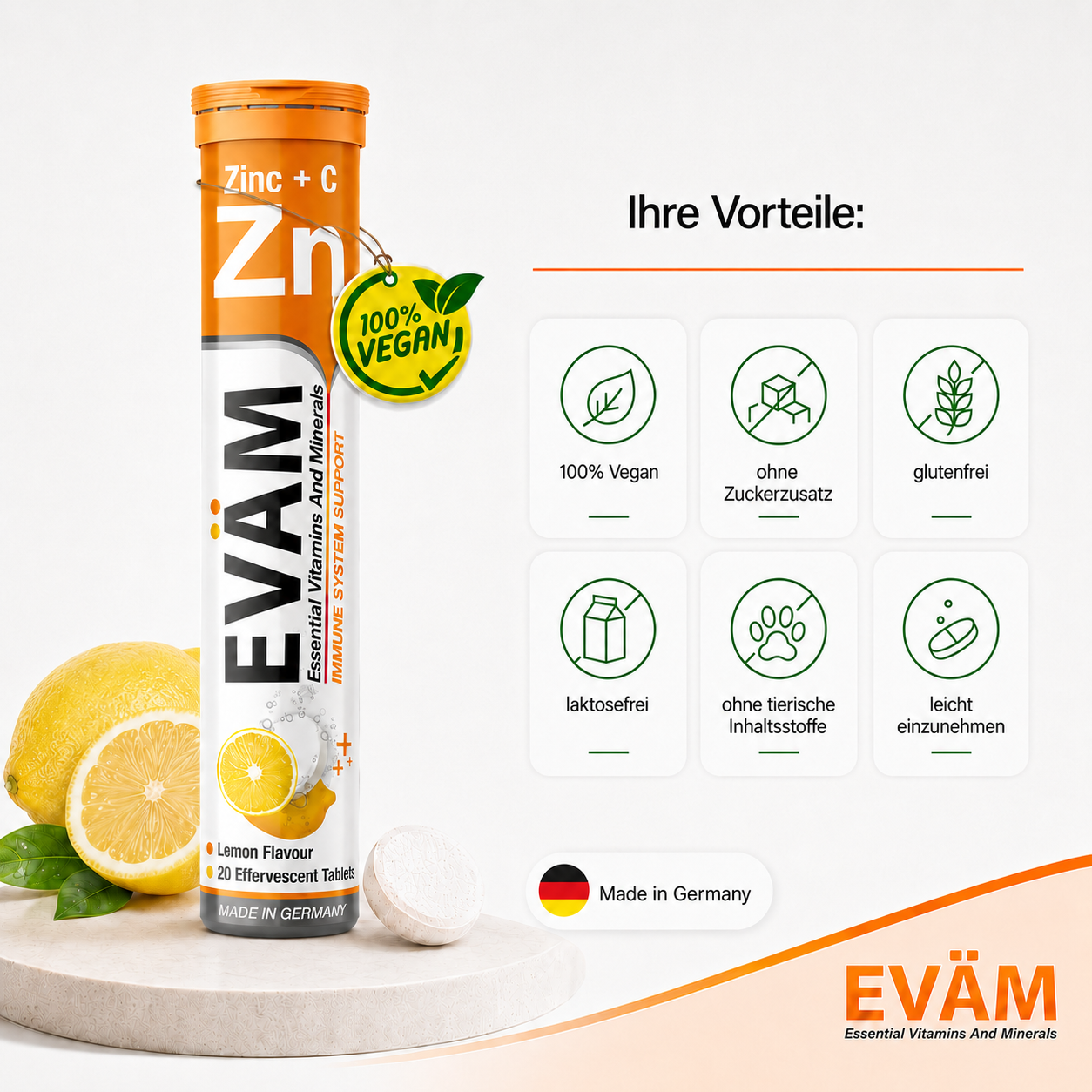 EVÄM Zink + C Brausetabletten mit Zitronengeschmack, vegan, glutenfrei, laktosefrei, ohne Zuckerzusatz und Made in Germany