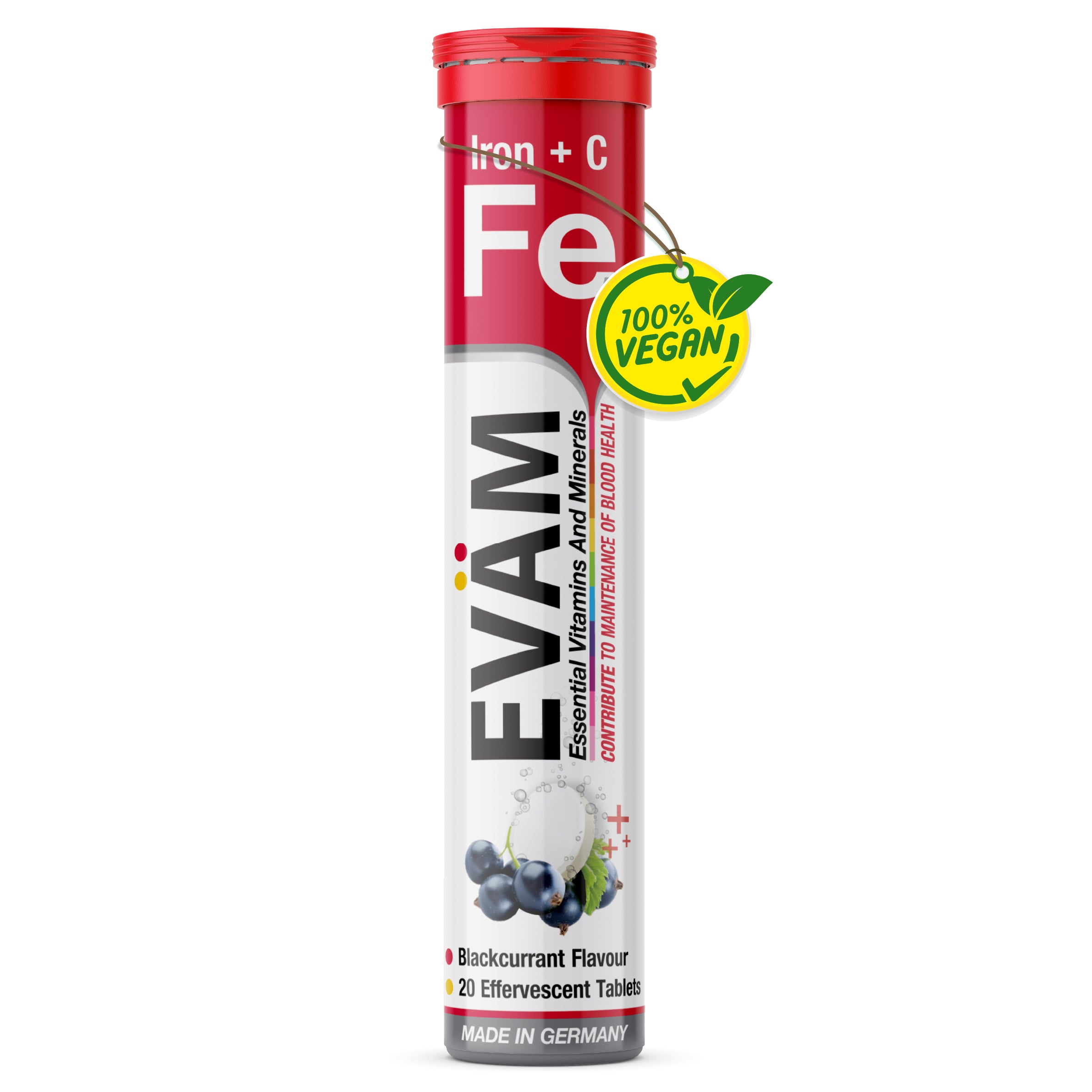 EVÄM Eisen + C 20 Brausetabletten, veganes Nahrungsergänzungsmittel mit schwarzer Johannisbeere Geschmack, Made in Germany
