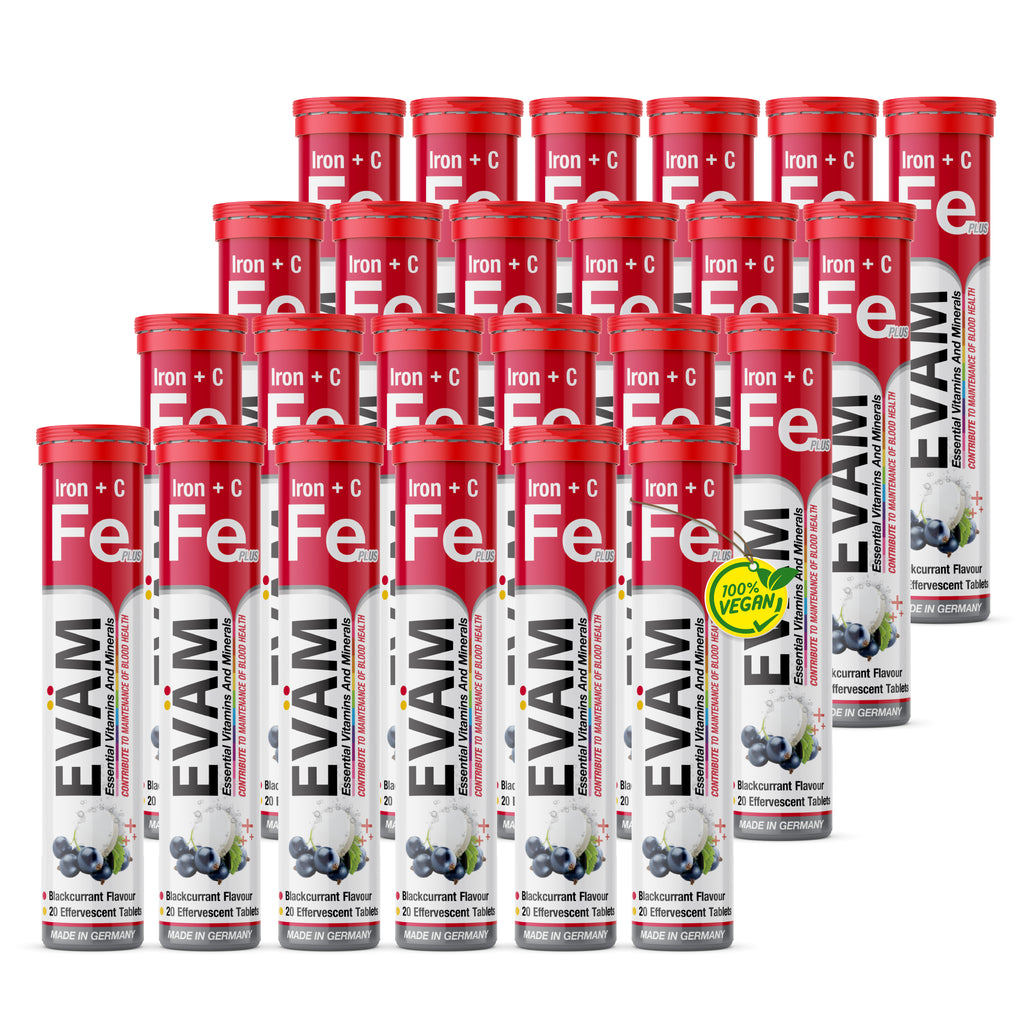 EVÄM Eisen + C 24er Großpackung Brausetabletten, vegan, schwarzer Johannisbeere Geschmack, Made in Germany