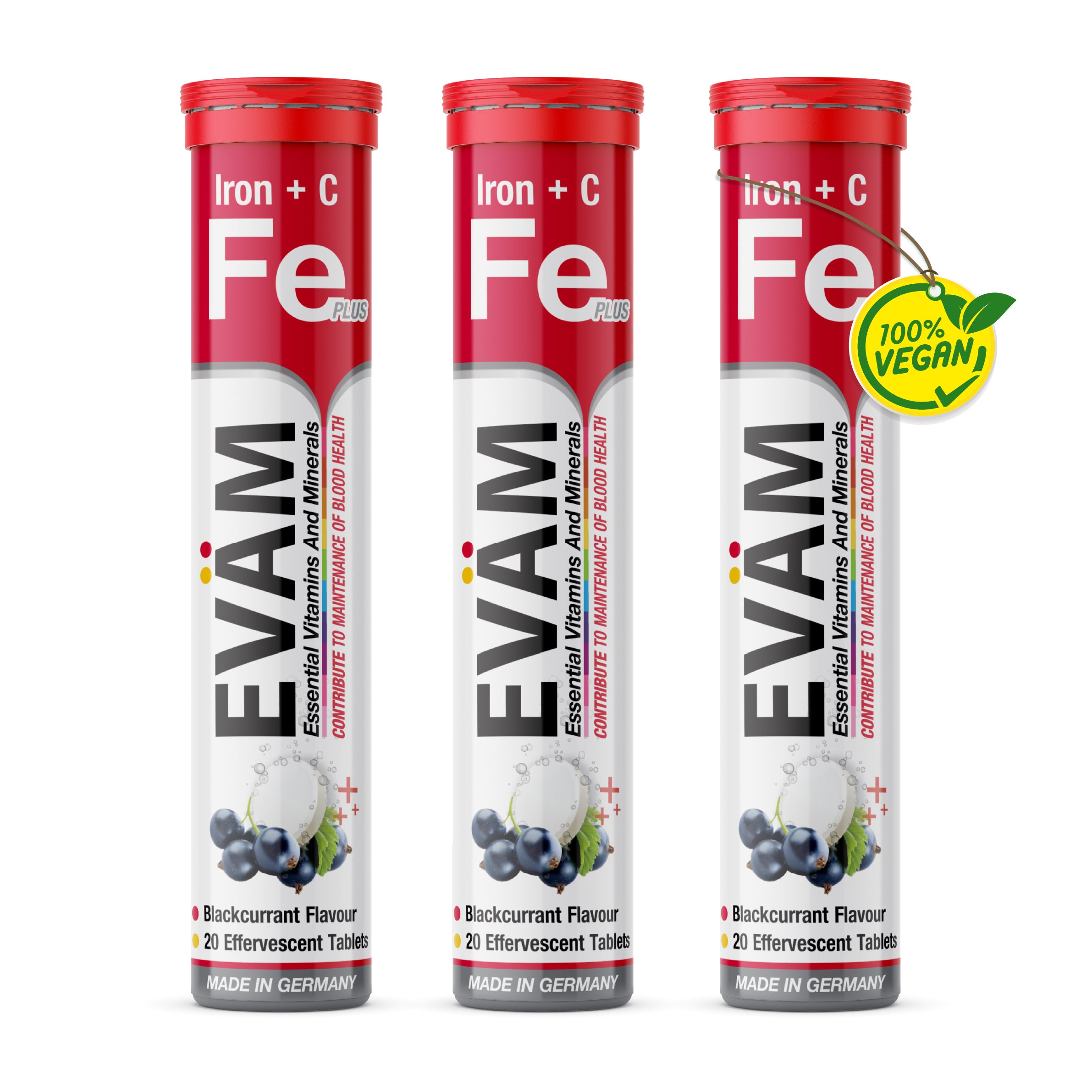 EVÄM Eisen + C 3er Pack Brausetabletten mit Vitamin C, Eisen und schwarzer Johannisbeere Geschmack