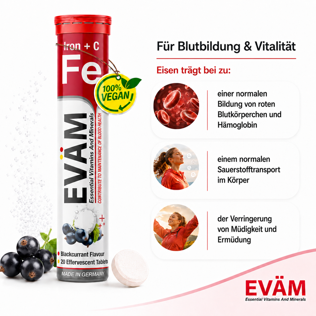 EVÄM Eisen + C Brausetabletten für Blutbildung und Vitalität, mit Eisen zur Verringerung von Müdigkeit und Ermüdung