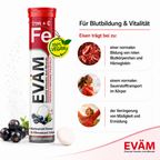 EVÄM Eisen + C Brausetabletten für Blutbildung und Vitalität, mit Eisen zur Verringerung von Müdigkeit und Ermüdung