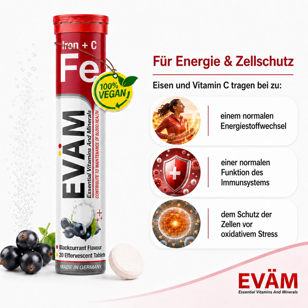 EVÄM Eisen + Vitamin C Brausetabletten mit schwarzer Johannisbeere, vegan, für Energie, Zellschutz und Immunsystem, hergestellt in Deutschland