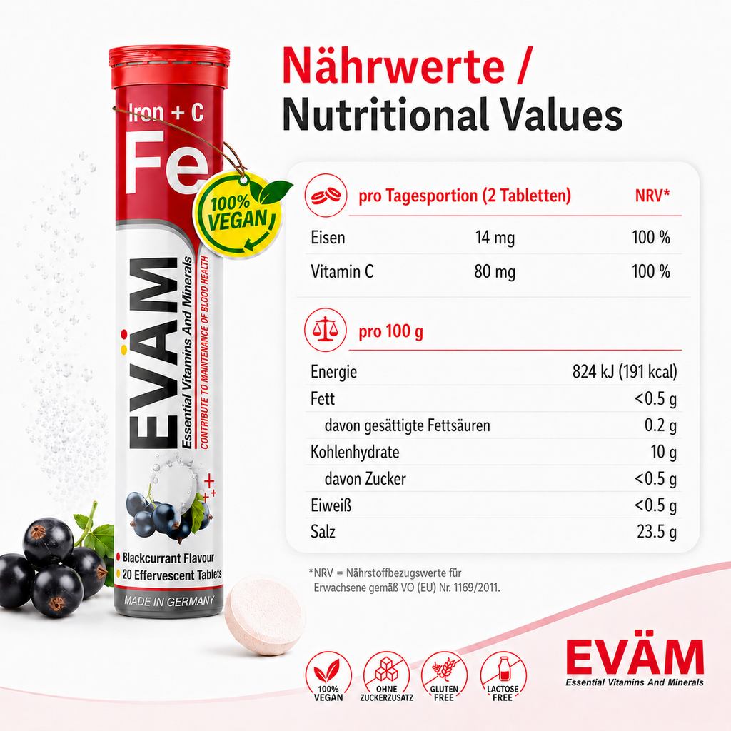 Nährwerte EVÄM Eisen + Vitamin C mit 14 mg Eisen und 80 mg Vitamin C pro Tagesportion, Brausetabletten aus Deutschland
