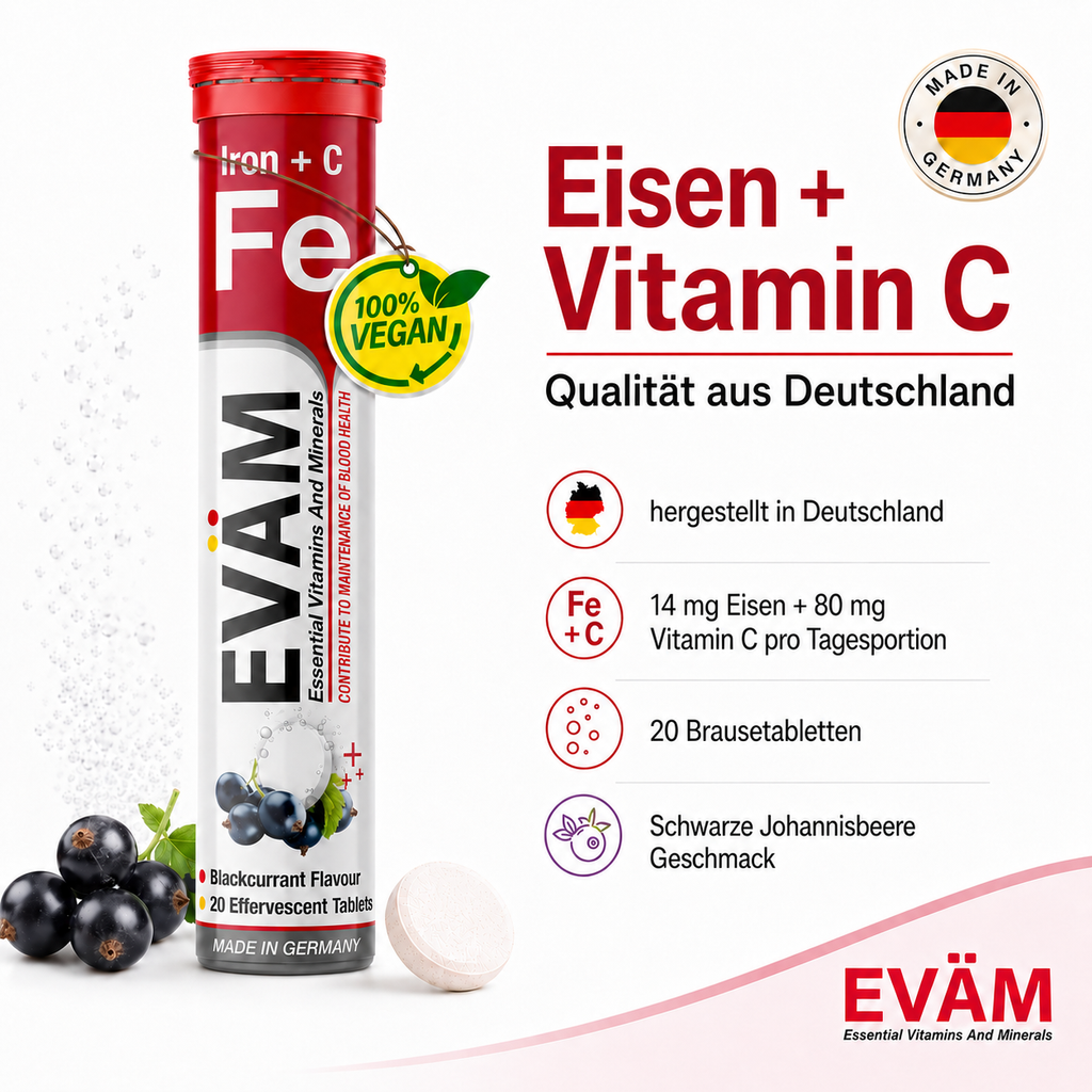 EVÄM Eisen + Vitamin C Brausetabletten, Qualität aus Deutschland, 14 mg Eisen und 80 mg Vitamin C pro Tagesportion
