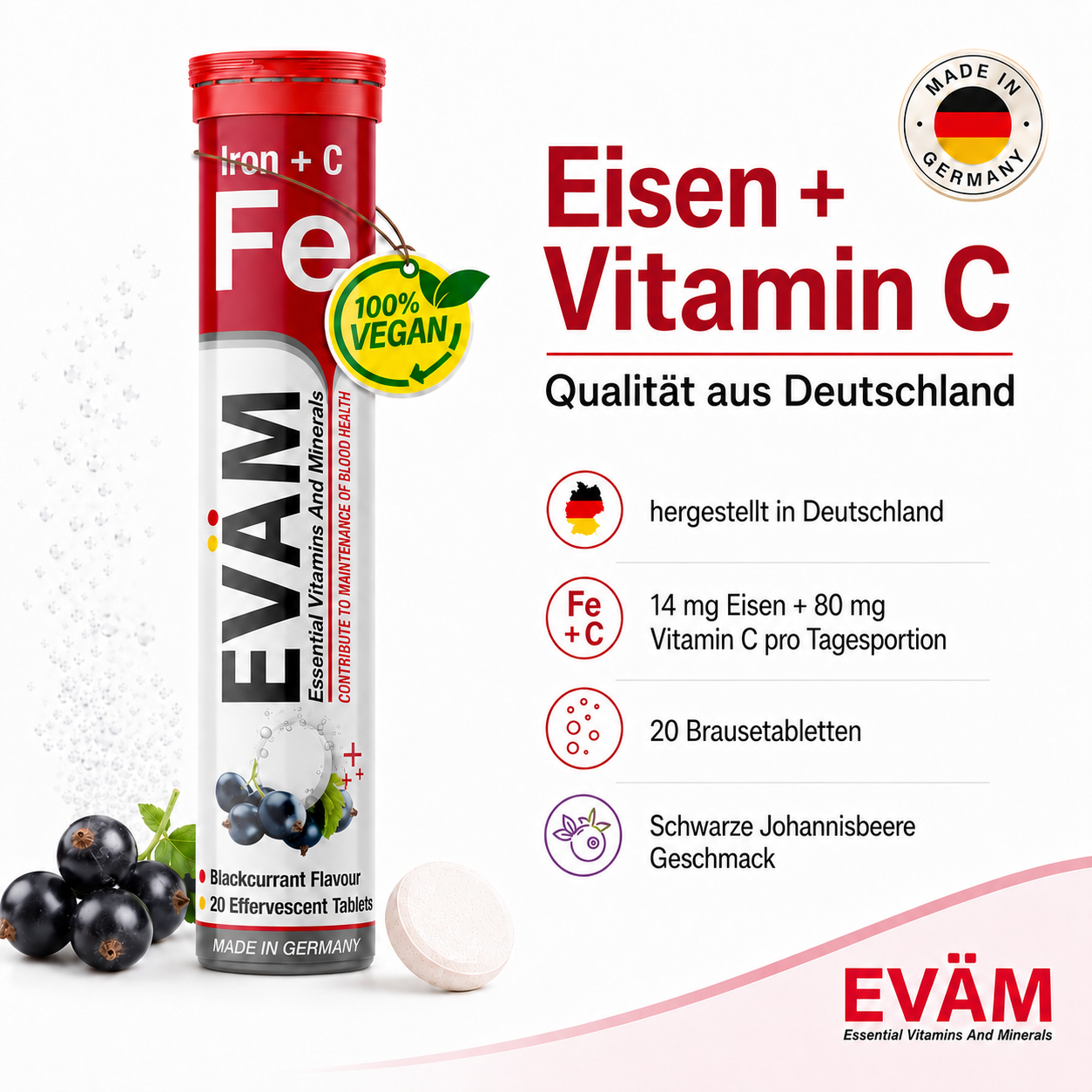 EVÄM Eisen + Vitamin C Brausetabletten, Qualität aus Deutschland, 14 mg Eisen und 80 mg Vitamin C pro Tagesportion