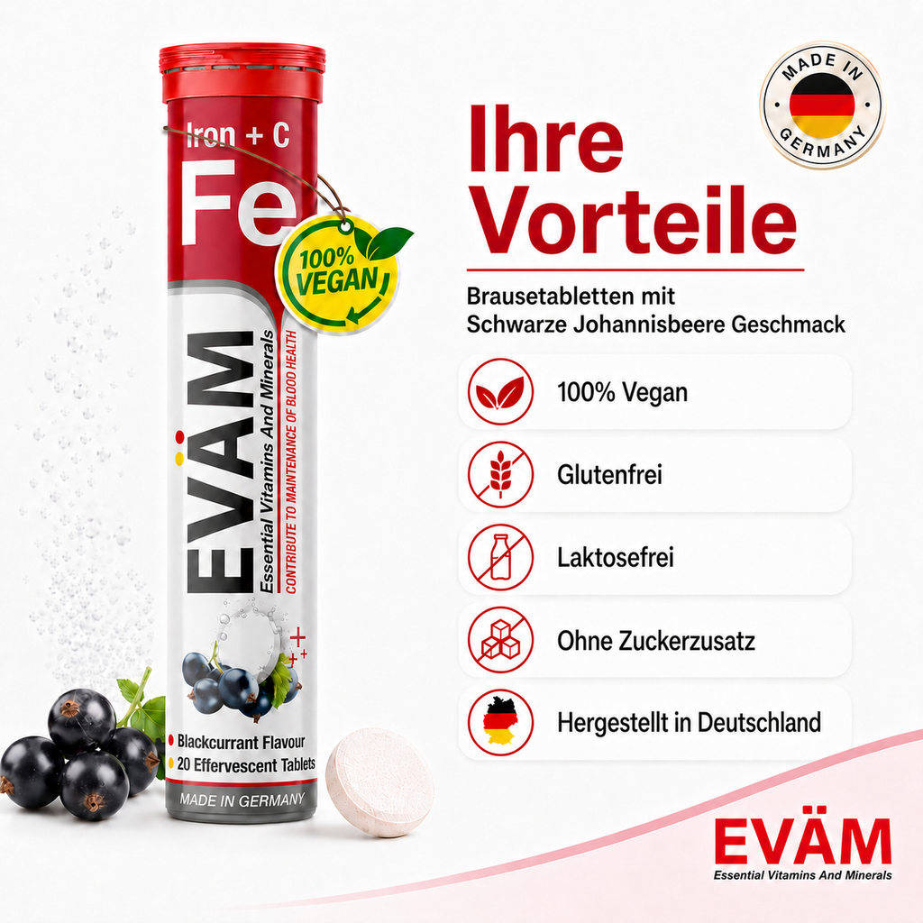 EVÄM Eisen + Vitamin C Brausetabletten mit schwarzer Johannisbeere Geschmack, 100% vegan, glutenfrei, laktosefrei, zuckerfrei und hergestellt in Deutschland