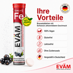 EVÄM Eisen + Vitamin C Brausetabletten mit schwarzer Johannisbeere Geschmack, 100% vegan, glutenfrei, laktosefrei, zuckerfrei und hergestellt in Deutschland