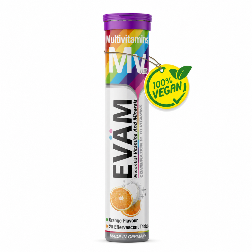 Ein Röhrchen EVÄM Multivitamin Orange Brausetabletten mit 100% Vegan Anhänger und Made in Germany Kennzeichnung.
