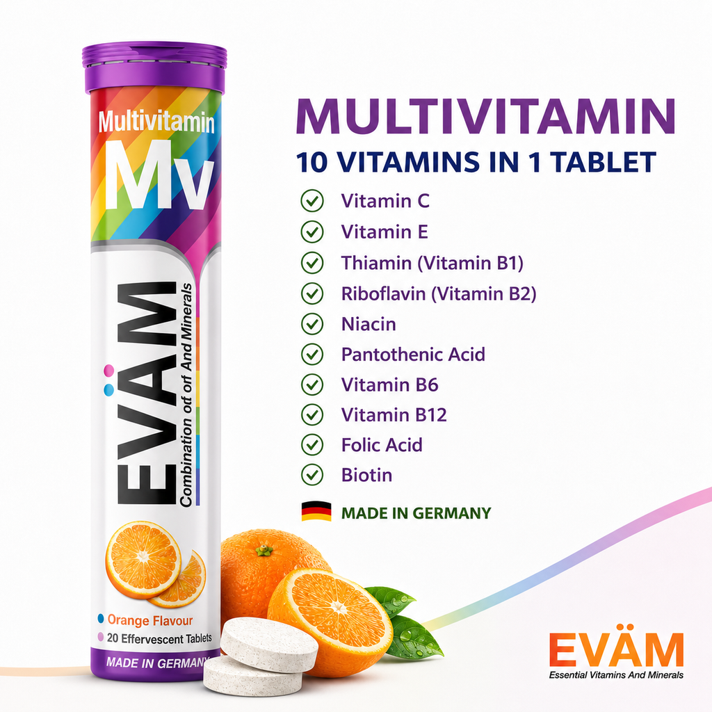EVÄM Multivitamin mit 10 Vitaminen in 1 Tablette, Orange Flavour, vegane Brausetabletten Made in Germany.