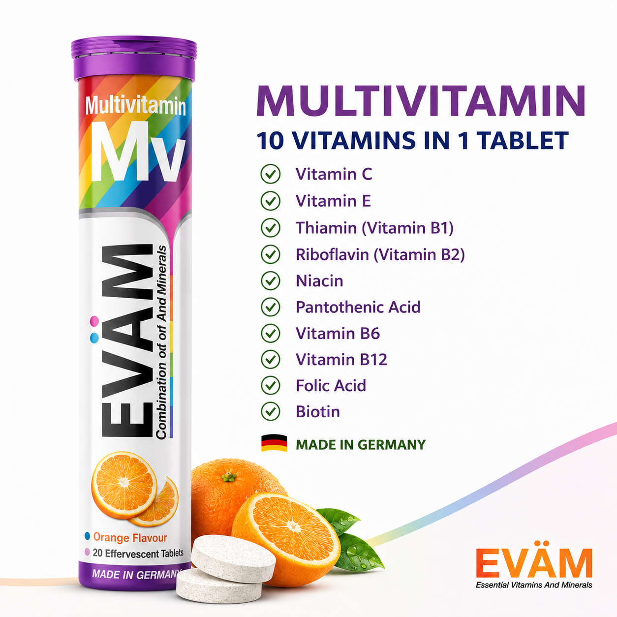 EVÄM Multivitamin mit 10 Vitaminen in 1 Tablette, Orange Flavour, vegane Brausetabletten Made in Germany.