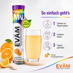 EVÄM Multivitamin Anwendung: Brausetablette ins Wasser geben, auflösen lassen und täglich mit Orangengeschmack genießen.
