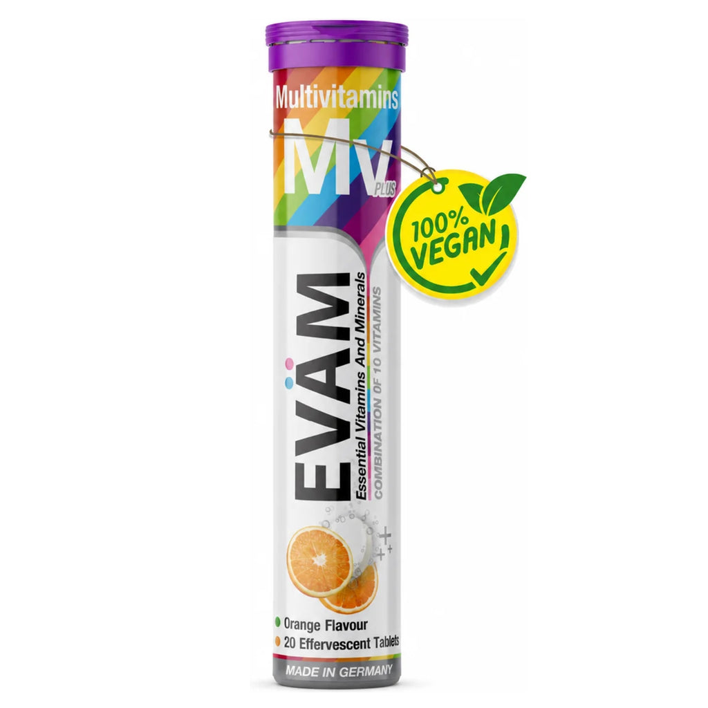 Ein Röhrchen EVÄM Multivitamin Orange Brausetabletten mit 100% Vegan Anhänger und Made in Germany Kennzeichnung.