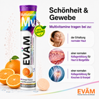 EVÄM Multivitamin mit Vitamin C und Biotin für normale Haut und Kollagenbildung, vegane Brausetabletten mit Orangengeschmack.