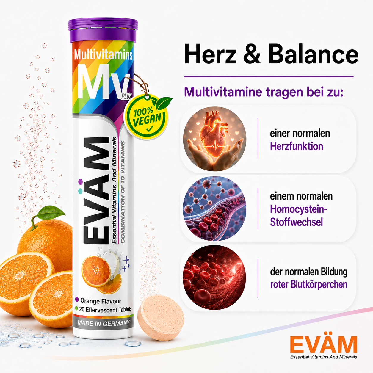 EVÄM Multivitamin mit Thiamin für normale Herzfunktion sowie B6, B12 und Folat für Homocystein-Stoffwechsel.
